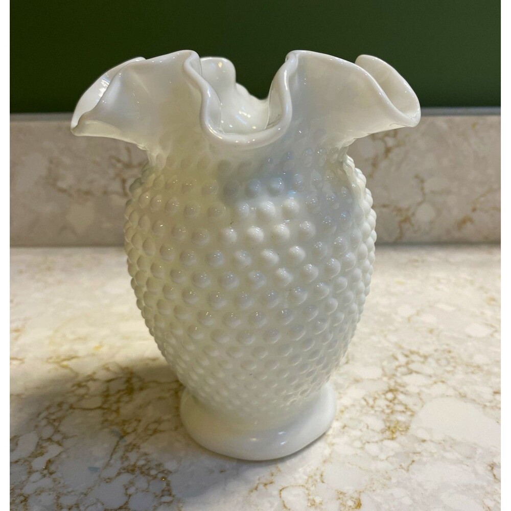 White Hobnail Glass Vase 5\" Glossy Textured Ruffled Rim Decorative Vintage Styl